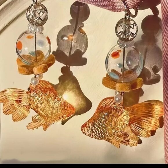 Gold Fish Bowl Carp Long Dangle Statement Beach Vacation Earrings - Picture 1 of 5